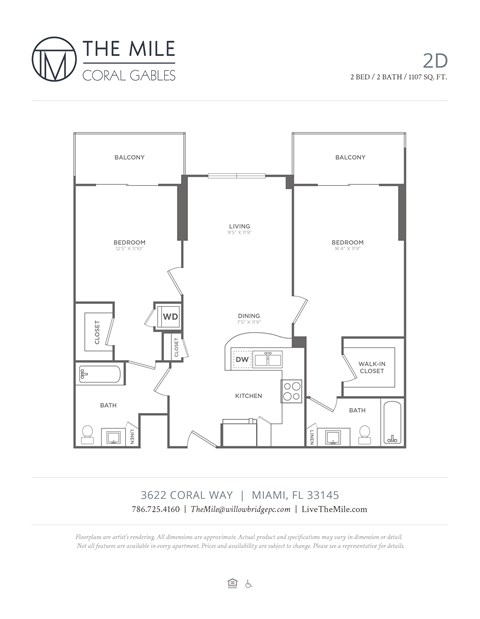Floor plan for 2 beds, 2 baths, 1107 sqft
